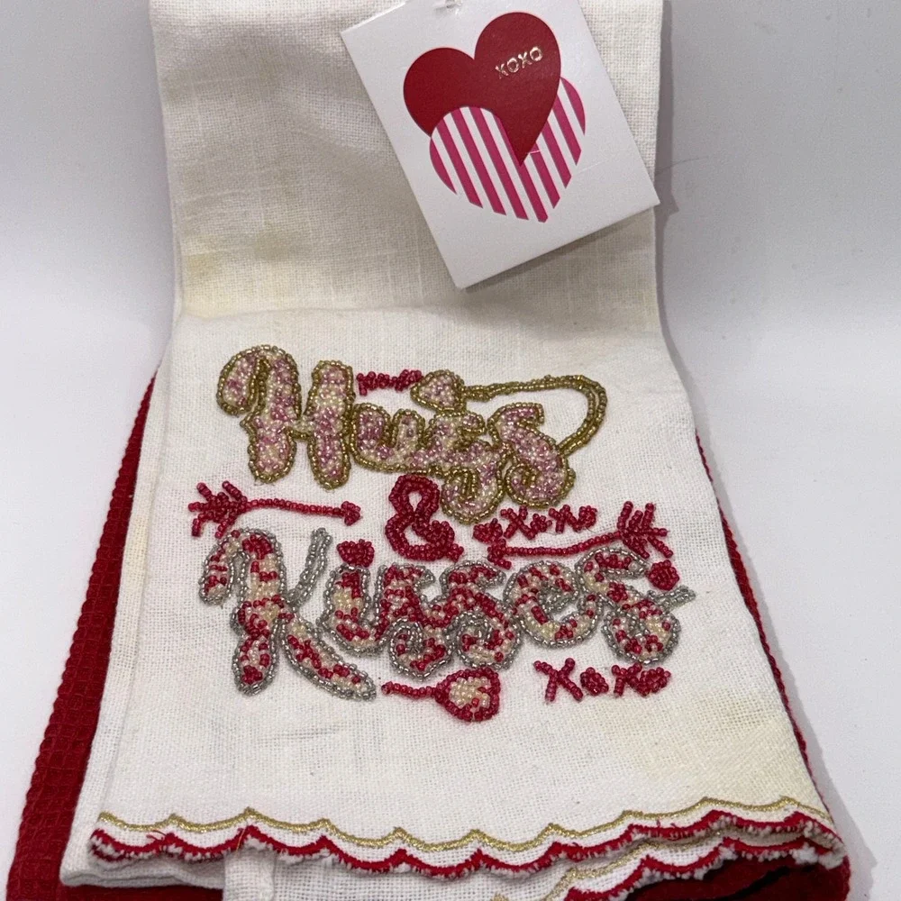 Beaded Valentine's Day Kitchen Towel Set Swans Hugs Kisses Romantic